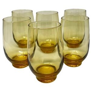 Retro Mid-Century Modern Amber Glass Tumblers Set of 6 Glasses 51/8” Tall Boho